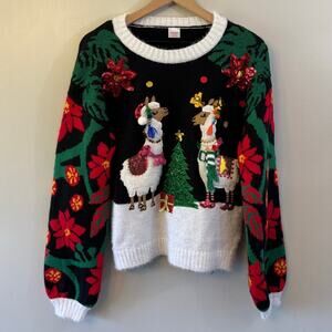 Holiday Time Embellished Llama Ugly Christmas Sweater Size Medium 8-10